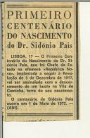 Primeiro centenário do nascimento do Dr. Sidónio Pais