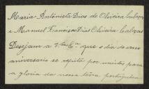 Cartão de visita ilustrado de Maria Antonieta Dias de Oliveira Cabeças, Manuel Francisco Dias Oliveira Cabeças a Teófilo Braga