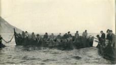 Fotografia dum grupo de pescadores levantando as redes na armação