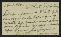 Cartão de visita de João Joaquim Faustino a Teófilo Braga