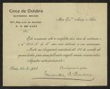 Cartão de Fernandes de Oliveira, do semanário radical "Cinco de Outubro", a Teófilo Braga