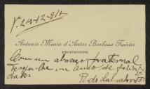 Cartão de visita de António Maria de Antas Barbosa Fuértes a Teófilo Braga