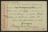 Convite de Magalhães Lima, presidente da Liga Portuguesa da Paz, a Teófilo Braga