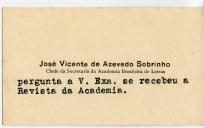 Cartão de visita de José Vicente de Azevedo Sobrinho