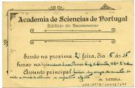 Cartão da Academia de Ciências de Portugal a Teófilo Braga