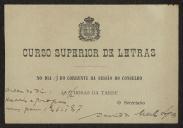 Cartão de David de Melo Lopes, Secretário do Curso Superior de Letras a Teófilo Braga