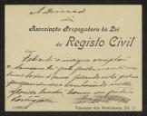 Cartão de visita da Associação Propagadora da Lei do Registo Civil a Teófilo Braga