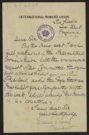 Carta de Warner Suoad, da International Women's Union, a Teófilo Braga
