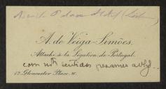 Cartão de visita de A. de Veiga-Simões a Teófilo Braga