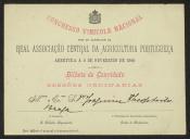 Bilhete de Admissão da Real Associação Central da Agricultura Portuguesa a Teófilo Braga
