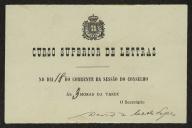 Cartão de David de Melo Lopes, Secretário do Curs Superior de Letras, a Teófilo Braga