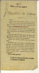 Folheto da União dos Sindicatos Operários de Lisboa e Federações de Indústria para os operários de Lisboa apelando a manifestarem-se