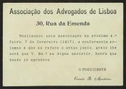 Convite de Vicente R. Monteiro, Presidente da Associação dos Advogados de Lisboa, a Teófilo Braga