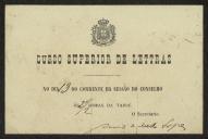 Cartão de David de Melo Lopes, Secretário do Curso Superior de Letras, a Teófilo Braga