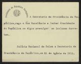Cartão da Secretaria da Presidência da República a Teófilo Braga