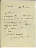 Carta do Barão de Oliveira para Manuel Teixeira Gomes
