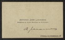 Cartão de visita de António José Lourinho, professor do Liceu Nacional de Portalegre a Teófilo Braga