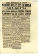 Seguiu hoje de Luanda para Salazar o sr. Contra-almirante Américo Thomaz azompanhadi de sua esposa e comitiva