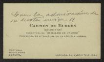 Cartão de visita de Carmen de Burgos a Teófilo Braga