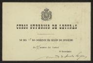 Cartão de David de Melo Lopes, Secretário do Curso Superior de Letras, a Teófilo Braga