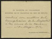 Cartão de El Marqués de Villalobar, Ministro de su Mjestad El Rey de España a Teófilo Braga