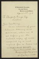 Carta de O. Calaminus, do St. Andrews College, Silver Craig, Weston-Super-Mare, a Teófilo Braga