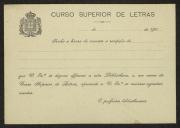 Cartão do Professor bibliotecário do Curso Superior de Letras