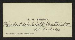Cartão de visita de S. H. Swinny a Teófilo Braga