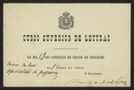Cartão de David de Melo Lopes, Secretário do Curso Superior de Letras, a Teófilo Braga
