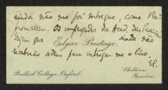 Cartão de visita de Edgar Prestage a Teófilo Braga