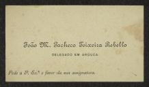 Cartão de visita de João M. Pacheco Teixeira Rebelo a Teófilo Braga