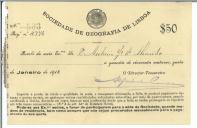 Recibo da Sociedade de Geografia de Lisboa para António José de Almeida.