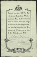 Diploma relativo à caneta que serviu para a assinatura da declaração de compromisso na tomada de posse do Presidente da República, António José de Almeida.