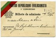 Bilhete de admissão ao I Congresso do Partido Republicano Evolucionista.