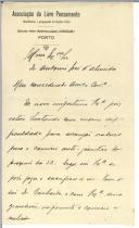 Carta de Adolfo Ferreira Lousada para António José de Almeida.