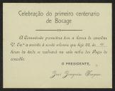 Convite de José Joaquim Fragoso, Presidente da Comissão Promotora da Celebração do Primeiro Centenário de Bocage, a Teófilo Braga