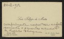 Cartão de visita de Luís Filipe da Mata a Teófilo Braga