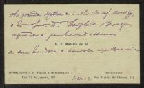 Cartão de visita de B. V. Moreira de Sá a Teófilo Braga