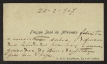 Cartão de visita de Filipe José de Miranda a Teófilo Braga