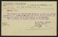 Bilhete-postal de Livraria Chardron a Teófilo Braga
