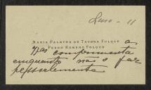 Cartão de visita de Maria Palmira de Tavora Folque, Pedro Romano Folque a Teófilo Braga