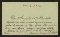 Cartão de visita de Augusto de Miranda a Teófilo Braga