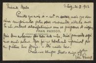 Cartão de visita de Fran Pacheco, Cônsul de Portugal, a Teófilo Braga