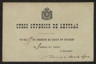 Cartão de David de Melo Lopes, Secretário do Curso Superior de Letras, a Teófilo Braga