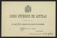 Cartão de David de Melo Lopes, Secretário do Curso Superior de Letras, a Teófilo Braga