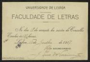 Cartão de J. Lino do Nascimento, Secretário da Faculdade de Letras da Universidade de Lisboa, a Teófilo Braga