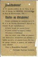 Folheto da Federação Municipal Socialista, apelando à união dos trabalhadores contra a proibição de realização de comícios