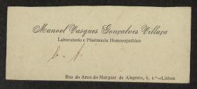 Cartão de visita de Manuel Vasques Gonçalves Vilaça a Teófilo Braga