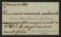 Cartão de visita de Bárbara Rita Salgueiro de Sá Grange a Teófilo Braga