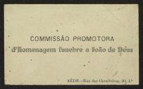 Cartão de visita de Comissão Promotora de homenagem fúnebre a João de Deus a Teófilo Braga